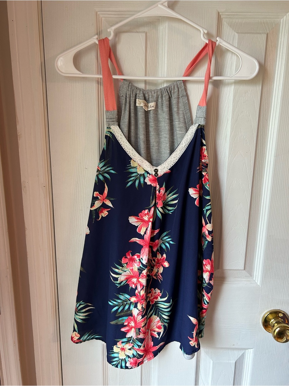 Rewind Gray Knit Top with Floral Trim